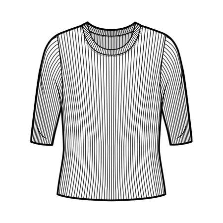 Ribbed crew neck knit sweater technical fashion illustration with elbow sleeves, oversized body. Flat outwear apparel template front, white color. Women, men unisex shirt top CAD mockupのイラスト素材