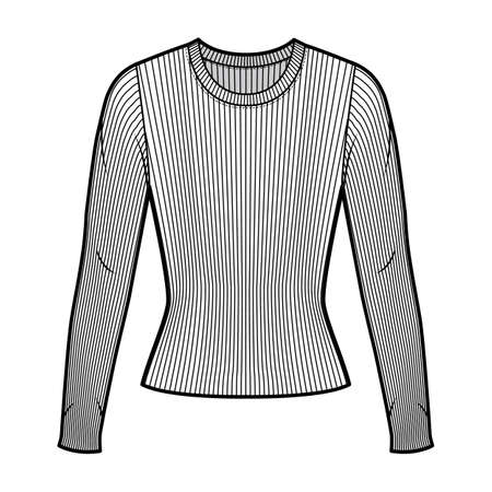 Ribbed crew neck knit sweater technical fashion illustration with long sleeves, close-fitting shape. Flat outwear apparel template front, white color. Women men, unisex shirt top CAD mockupのイラスト素材