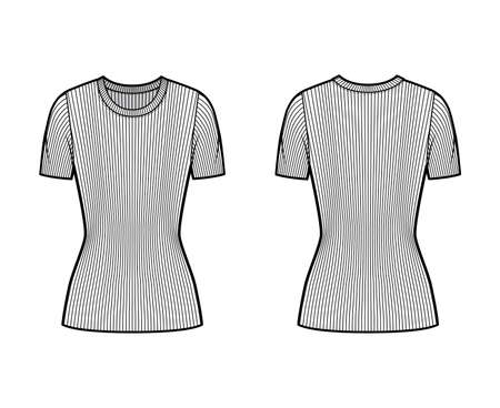 Ribbed crew neck knit sweater technical fashion illustration with short rib sleeves, close-fitting shape. Flat outwear apparel template front, back white color. Women, men, unisex shirt top CADのイラスト素材