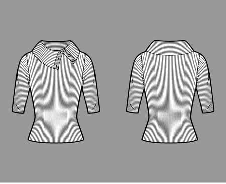 Wide button-up turtleneck ribbed-knit sweater technical fashion illustration with elbow sleeves, close-fitting shape. Flat sweater apparel template front, back white color. Women, men unisex shirt topのイラスト素材