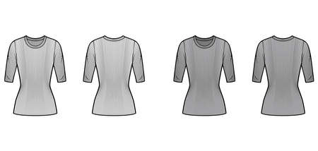 Ribbed crew neck knit sweater technical fashion illustration with elbow sleeves, close-fitting shape, tunic length. Flat outwear apparel template front back white grey color. Women men unisex top CADのイラスト素材