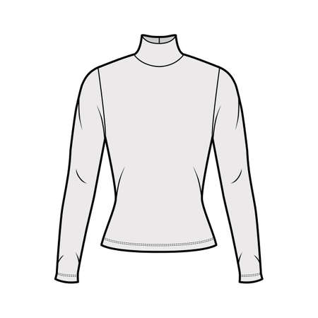 Turtleneck jersey sweater technical fashion illustration with long sleeves, close-fitting shape. Flat sweater apparel template front, grey color. Women men, unisex shirt top CAD mockupのイラスト素材
