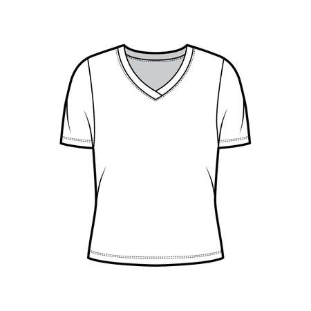 V-neck jersey t-shirt technical fashion illustration with short rib sleeves, oversized body. Flat sweater apparel template front, white color. Women, men unisex outwear top CAD mockupのイラスト素材