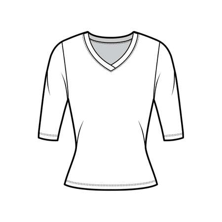 V-neck jersey sweater technical fashion illustration with elbow sleeves, close-fitting shape. Flat outwear apparel template front white color. Women, men unisex shirt top CAD mockupのイラスト素材