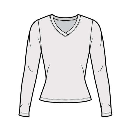 V-neck jersey sweater technical fashion illustration with long sleeves, close-fitting shape. Flat outwear apparel template front, grey color. Women men, unisex shirt top CAD mockupのイラスト素材
