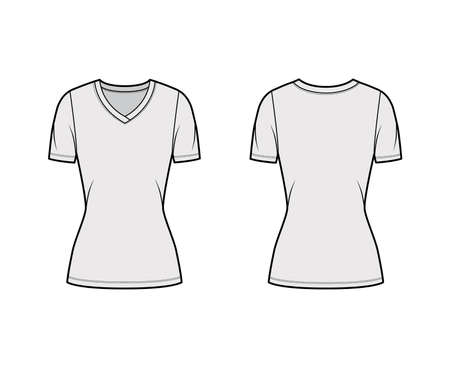 V-neck jersey t-shirt technical fashion illustration with short sleeves, tunic length. Flat sweater apparel template front, back grey color. Women, men, unisex outwear top CAD mockupのイラスト素材