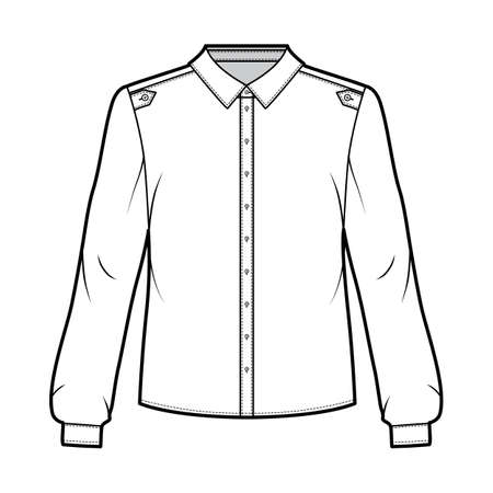 Classic military style shirt technical fashion illustration with buttoned placket, shoulder epaulettes, long sleeves. Flat blouse apparel template front white color. Women, men unisex top CAD mockupのイラスト素材