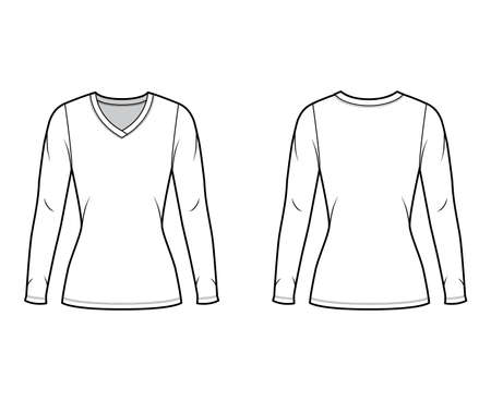V-neck jersey sweater technical fashion illustration with long sleeves, close-fitting shape, tunic length. Flat outwear apparel template front back white color. Women men unisex shirt top CAD mockupのイラスト素材