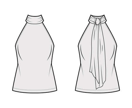 Halterneck top technical fashion illustration with semi-fitted body, ties pussy-bow at neck, sleeveless. Flat blouse apparel template front, back, grey color. Women, men unisex shirt CAD mockupのイラスト素材