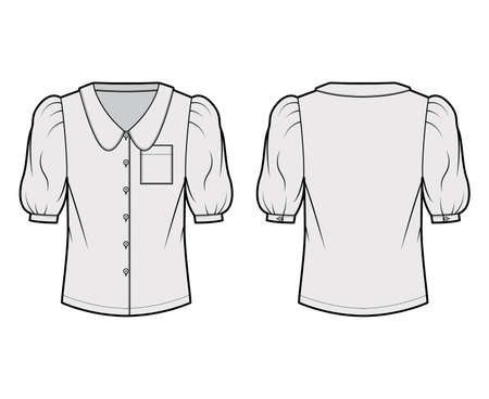 Scalloped collar shirt technical fashion illustration with elbow puff sleeve, front button-fastening, loose silhouette. Flat blouse apparel template front, back grey color. Women, men unisex top CADのイラスト素材