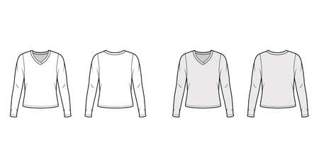 V-neck jersey sweater technical fashion illustration with long sleeves, oversized body. Flat outwear apparel template front back white grey color. Women men unisex shirt top CAD mockupのイラスト素材