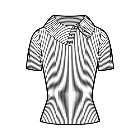 Wide button-up turtleneck ribbed-knit sweater technical fashion illustration with short rib sleeves, close-fitting shape. Flat sweater apparel template front, white color. Women, men, unisex shirt topのイラスト素材