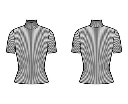 Turtleneck ribbed-knit sweater technical fashion illustration with short rib sleeves, close-fitting shape. Flat sweater apparel template front, back grey color. Women, men, unisex shirt top CAD mockupのイラスト素材