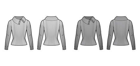Wide button-up turtleneck ribbed-knit sweater technical fashion illustration with long sleeves, close-fitting shape. Flat sweater template front, back white grey color. Women, men, unisex shirt topのイラスト素材