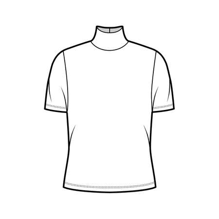 Turtleneck jersey t-shirt technical fashion illustration with short sleeves, oversized body. Flat sweater apparel template front, white color. Women, men unisex outwear top CAD mockupのイラスト素材