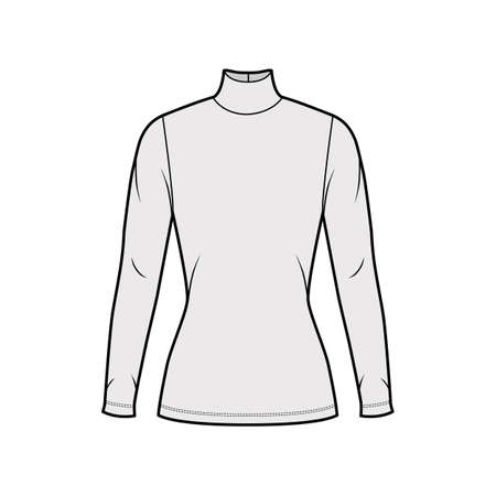 Turtleneck jersey sweater technical fashion illustration with long sleeves, close-fitting shape tunic length. Flat outwear apparel template front grey color. Women men unisex shirt top CAD mockupのイラスト素材