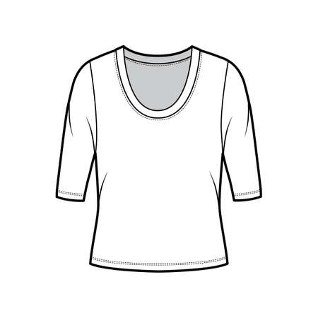Scoop neck jersey shirt technical fashion illustration with elbow sleeves, oversized body. Flat sweater apparel template front, white color. Women, men unisex outfit top CAD mockupのイラスト素材