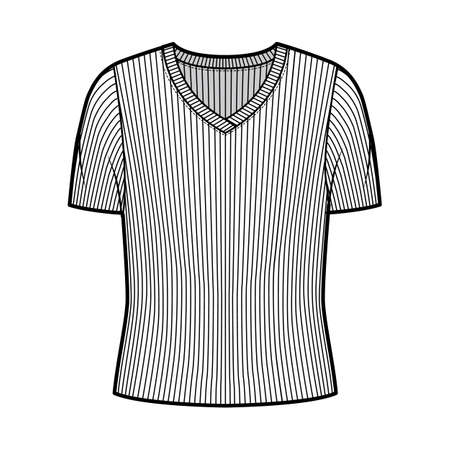 Ribbed V-neck knit sweater technical fashion illustration with short rib sleeves, oversized body. Flat outwear apparel template front, white color. Women, men unisex shirt top CAD mockupのイラスト素材