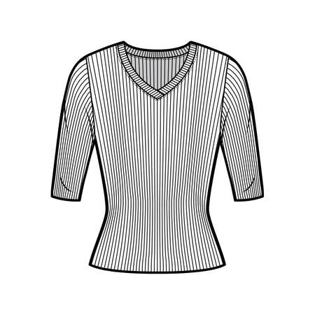 Ribbed V-neck knit sweater technical fashion illustration with elbow sleeves, close-fitting shape. Flat outwear apparel template front white color. Women, men unisex shirt top CAD mockupのイラスト素材