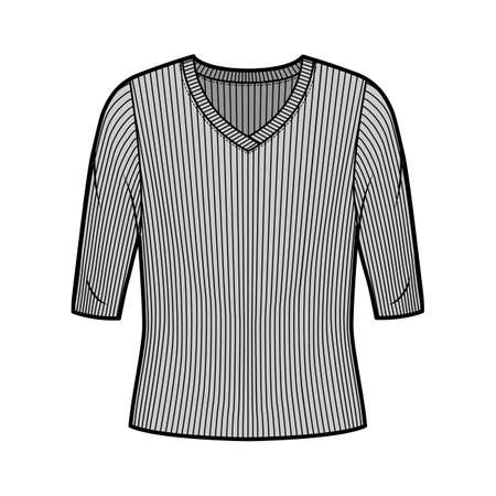 Ribbed V-neck knit sweater technical fashion illustration with elbow sleeves, oversized body. Flat outwear apparel template front, grey color. Women, men unisex shirt top CAD mockupのイラスト素材