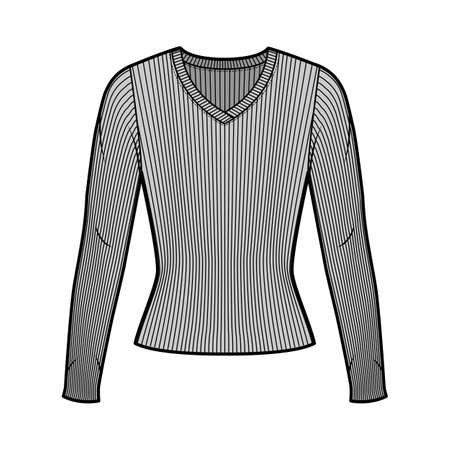 Ribbed V-neck knit sweater technical fashion illustration with long sleeves, close-fitting shape. Flat outwear apparel template front, grey color. Women men, unisex shirt top CAD mockupのイラスト素材