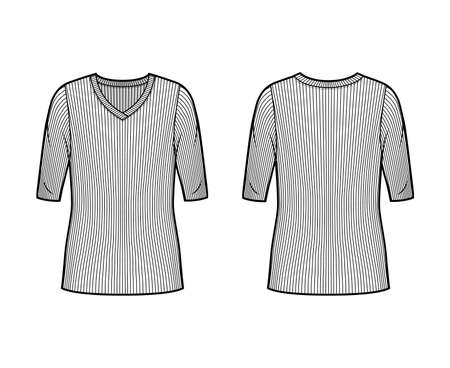 Ribbed V-neck knit sweater technical fashion illustration with elbow sleeves, oversized body, tunic length. Flat outwear apparel template front, back white color. Women, men unisex shirt top mockupのイラスト素材