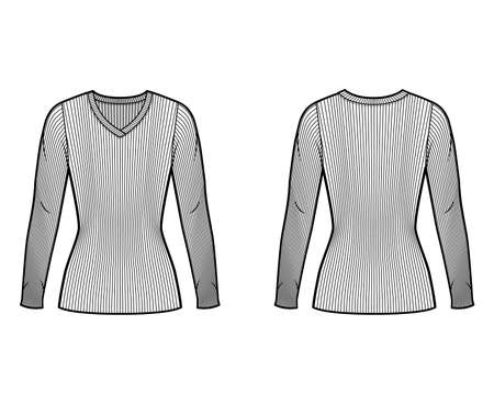 Ribbed V-neck knit sweater technical fashion illustration with long sleeves, close-fitting shape tunic length. Flat outwear apparel template front back white color. Women men unisex shirt top mockupのイラスト素材
