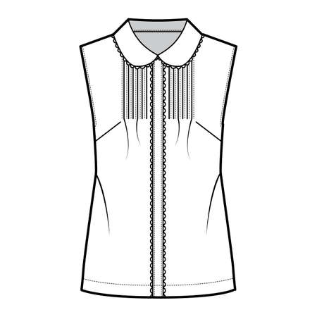 Pintucked blouse technical fashion illustration with round collar, scalloped lace, sleeveless, loose silhouette. Flat shirt apparel template front white color. Women, men unisex top CAD mockupのイラスト素材