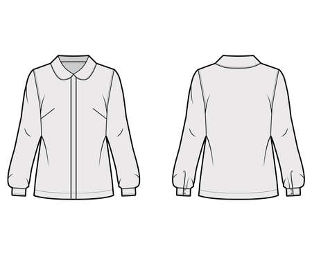 Round collar shirt technical fashion illustration with loose silhouette, long sleeve with cuff, front button fastening. Flat apparel blouse template front back grey color. Women, men unisex top CADのイラスト素材