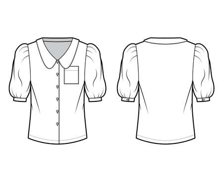 Scalloped collar shirt technical fashion illustration with elbow puff sleeve, front button-fastening, loose silhouette. Flat blouse apparel template front back, white color. Women, men unisex top CADのイラスト素材