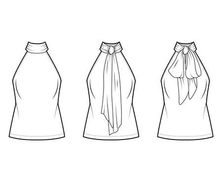 Halterneck top technical fashion illustration with semi-fitted body, ties pussy-bow at neck, sleeveless. Flat blouse apparel template front, back, white color. Women, men unisex shirt CAD mockupのイラスト素材