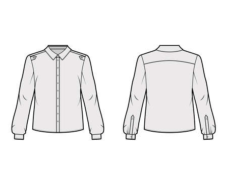 Classic military style shirt technical fashion illustration with buttoned placket, shoulder epaulettes, long sleeves. Flat blouse apparel template front back grey color. Women, men unisex top mockupのイラスト素材