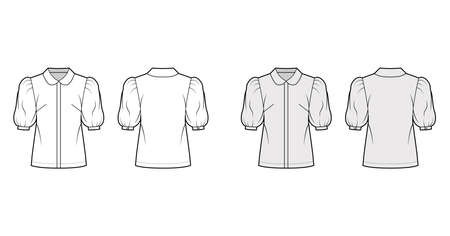 Elbow puff sleeve shirt technical fashion illustration with round collar, front button-fastening, loose silhouette. Flat blouse apparel template front back white grey color. Women, men unisex top CADのイラスト素材