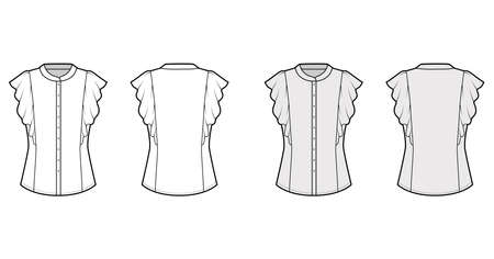 Shirt technical fashion illustration with fitted body, mandarin collar, front button fastenings, ruffled sleeves. Flat blouse apparel template front, back, white grey color. Women, men unisex mockupのイラスト素材