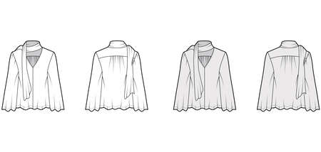 Pussy-bow blouse technical fashion illustration with baby doll body, deep V-neck, long circle sleeves tunic. Flat shirt apparel template front back white grey color. Women, men unisex top CAD mockupのイラスト素材