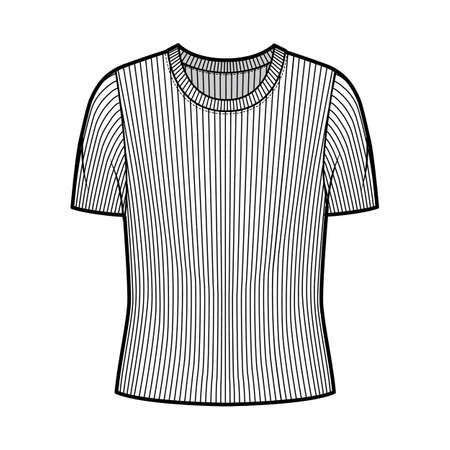 Ribbed crew neck knit sweater technical fashion illustration with short rib sleeves, oversized body. Flat outwear apparel template front, white color. Women, men unisex shirt top CAD mockupのイラスト素材