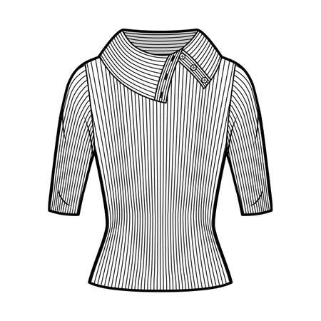 Wide button-up turtleneck ribbed-knit sweater technical fashion illustration with elbow sleeves, close-fitting shape. Flat sweater apparel template front, white color. Women, men unisex shirt top CADのイラスト素材