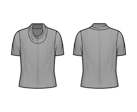Ribbed cowl turtleneck knit sweater technical fashion illustration with short rib sleeves, oversized body. Flat outwear apparel template front, back grey color. Women, men unisex shirt top CAD mockupのイラスト素材