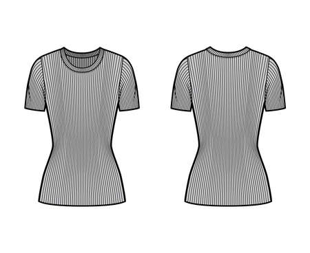 Ribbed crew neck knit sweater technical fashion illustration with short rib sleeves, close-fitting shape. Flat outwear apparel template front, back grey color. Women, men, unisex shirt top CADのイラスト素材