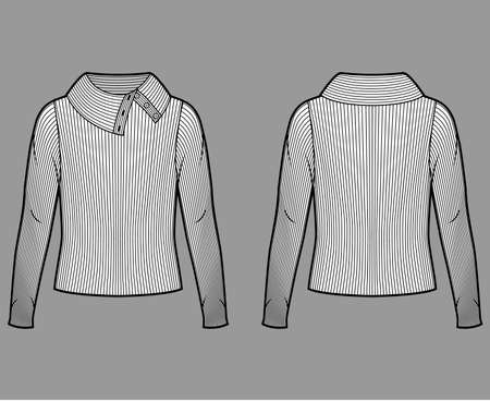 Wide button-up turtleneck ribbed-knit sweater technical fashion illustration with long sleeves, oversized. Flat sweater apparel template front back white color. Women men unisex shirt top CAD mockupのイラスト素材