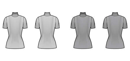 Turtleneck ribbed-knit sweater technical fashion illustration with short rib sleeves, tunic length. Flat sweater apparel template front, back white grey color. Women, men, unisex shirt top CADのイラスト素材