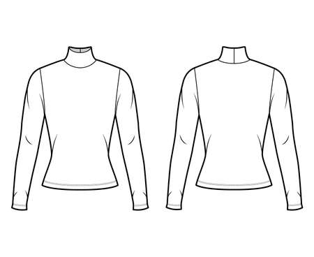 Turtleneck jersey sweater technical fashion illustration with long sleeves, close-fitting shape. Flat outwear apparel template front, back white color. Women men, unisex shirt top CAD mockupのイラスト素材