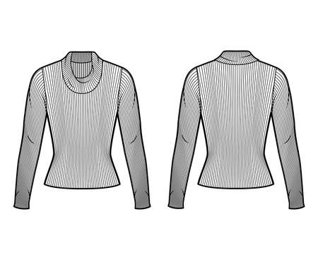 Ribbed cowl turtleneck knit sweater technical fashion illustration with long sleeves, close-fitting shape. Flat sweater apparel template front, back grey color. Women, men, unisex shirt top CAD mockupのイラスト素材