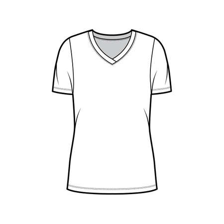 V-neck jersey t-shirt technical fashion illustration with short sleeves, oversized body tunic length. Flat sweater apparel template front white color. Women men unisex outwear top CAD mockupのイラスト素材