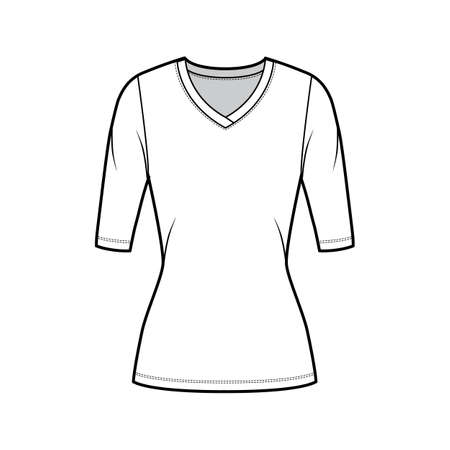 V-neck jersey sweater technical fashion illustration with elbow sleeves, close-fitting shape, tunic length. Flat outwear apparel template front white color. Women men unisex top CAD mockupのイラスト素材
