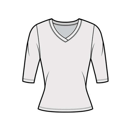 V-neck jersey sweater technical fashion illustration with elbow sleeves, close-fitting shape. Flat outwear apparel template front grey color. Women, men unisex shirt top CAD mockupのイラスト素材