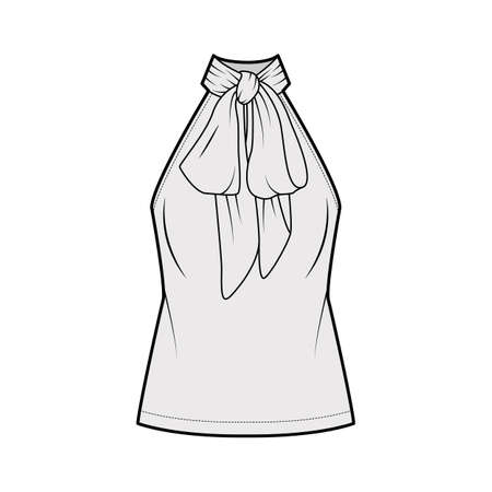 Halterneck top technical fashion illustration with semi-fitted body, ties pussy-bow at neck, sleeveless. Flat blouse apparel template front, grey color. Women, men unisex shirt CAD mockupのイラスト素材