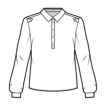 Henley shirt technical fashion illustration with buttoned placket, shoulder epaulettes, classic military style, long sleeves. Flat blouse apparel template front white color. Women, men unisex top CADのイラスト素材