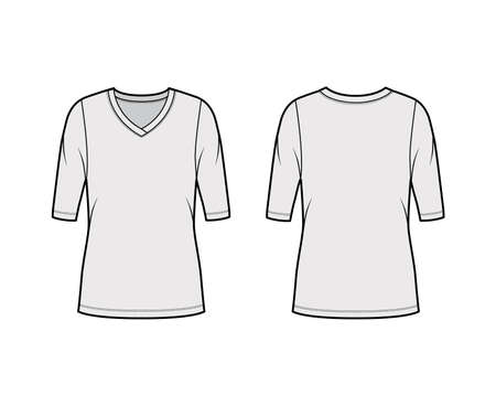 V-neck jersey sweater technical fashion illustration with elbow sleeves, oversized body, tunic length. Flat outwear apparel template front, back grey color. Women, men unisex shirt top CAD mockupのイラスト素材