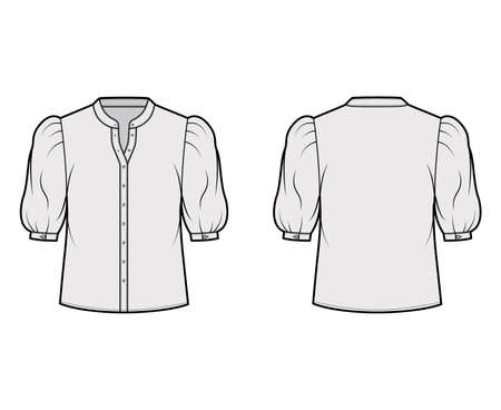 Stand collar shirt technical fashion illustration with elbow puff sleeve, front button-fastening, loose silhouette. Flat apparel blouse template front back grey color. Women, men unisex top CAD mockupのイラスト素材